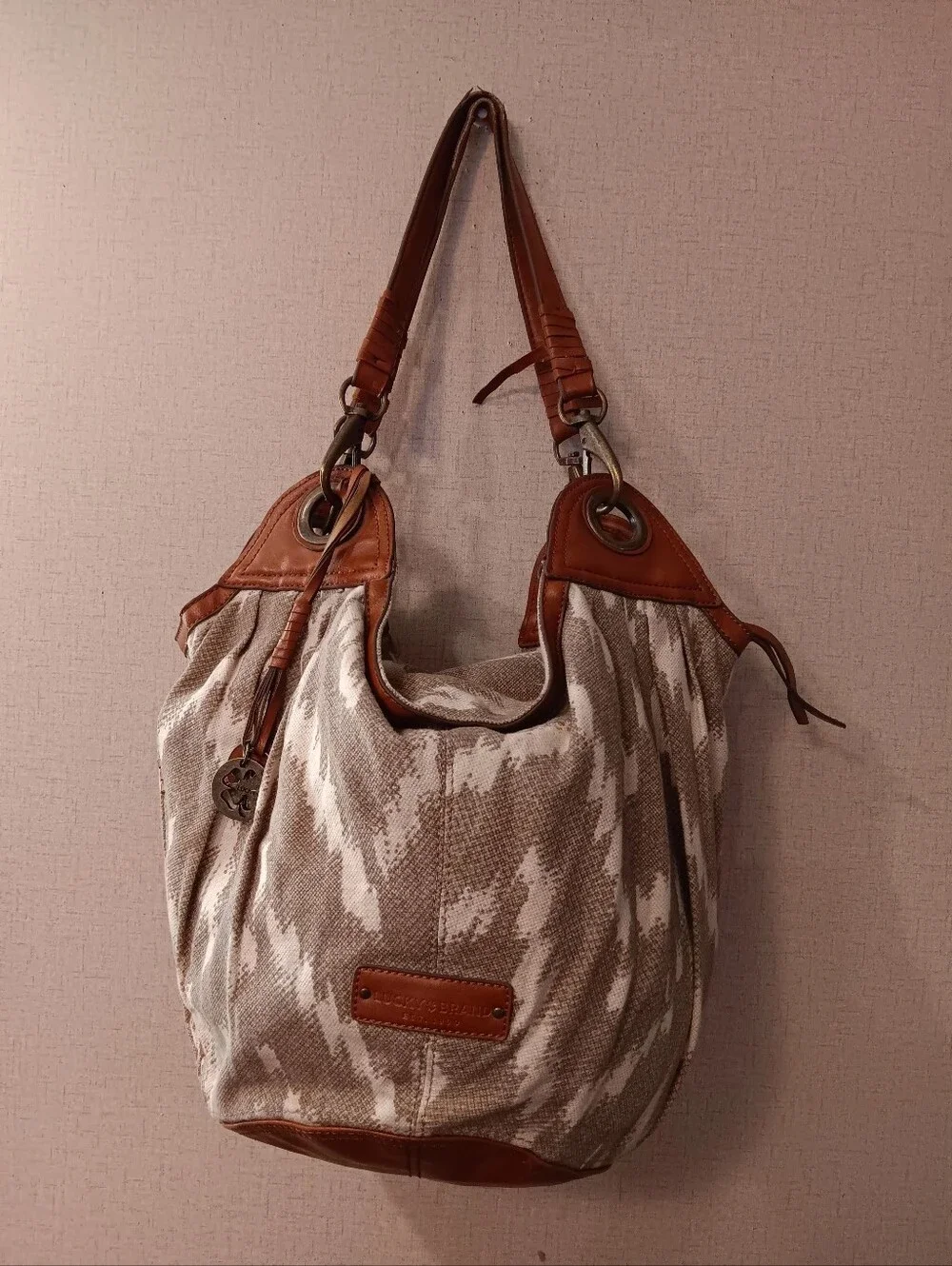 Vintage Lucky Brand Beige Canvas Hobo with Brown Leather Trim